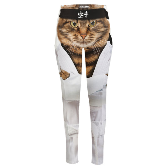 Karate Cat Print High-Waisted Pocket Leggings