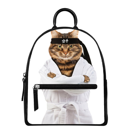 Karate Cat Print Leather Backpack