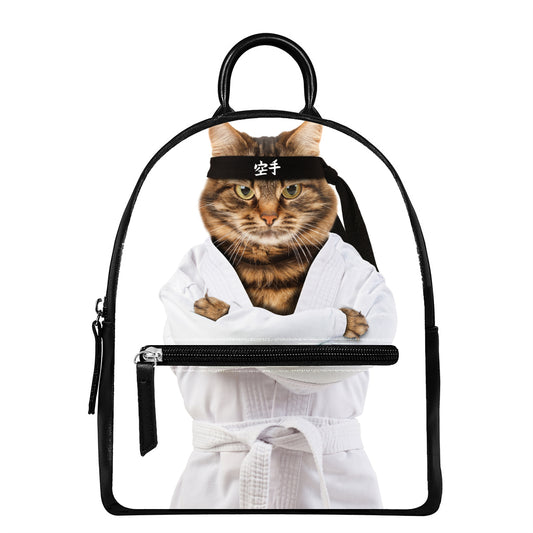 Karate Cat Print Leather Backpack