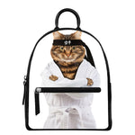 Karate Cat Print Leather Backpack
