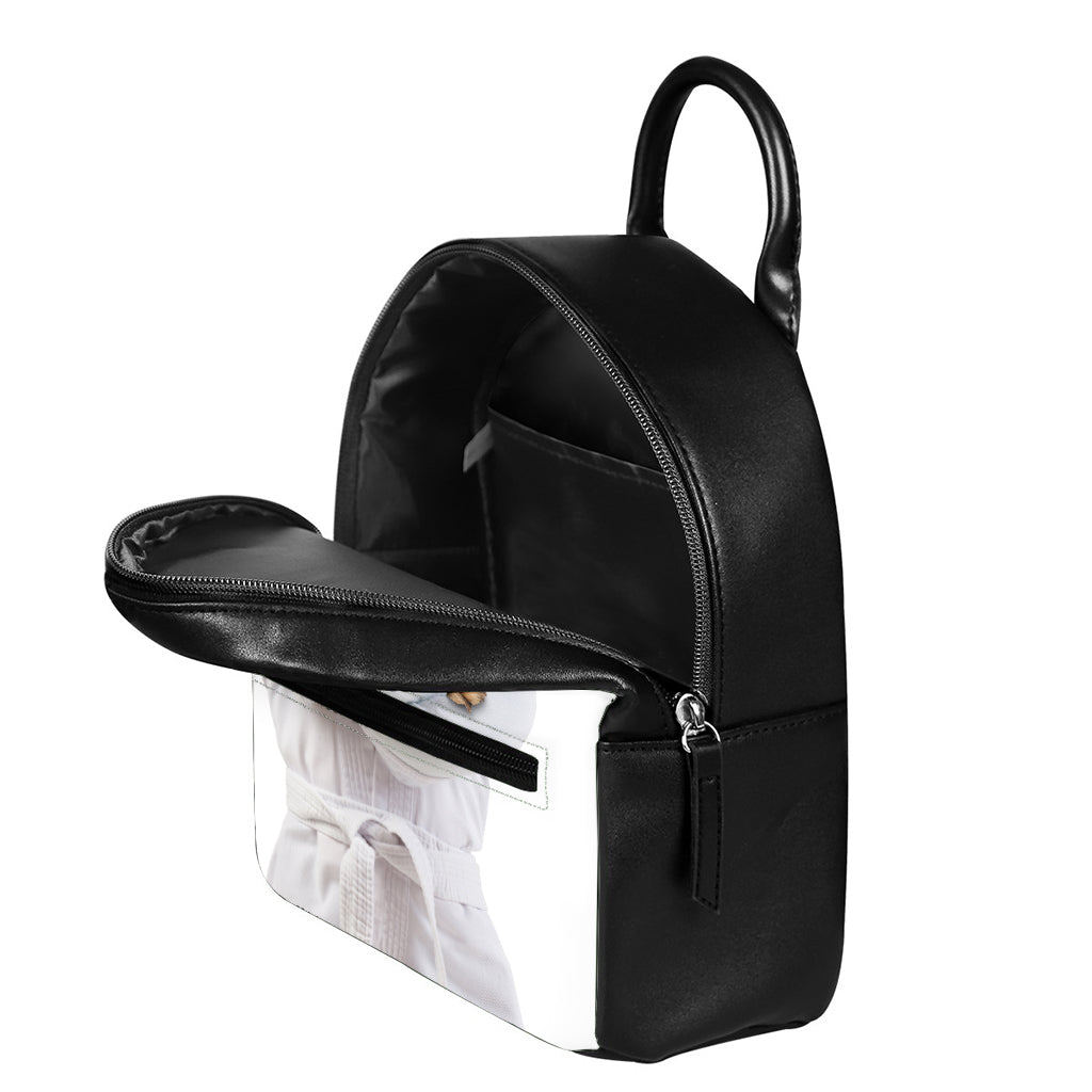 Karate Cat Print Leather Backpack