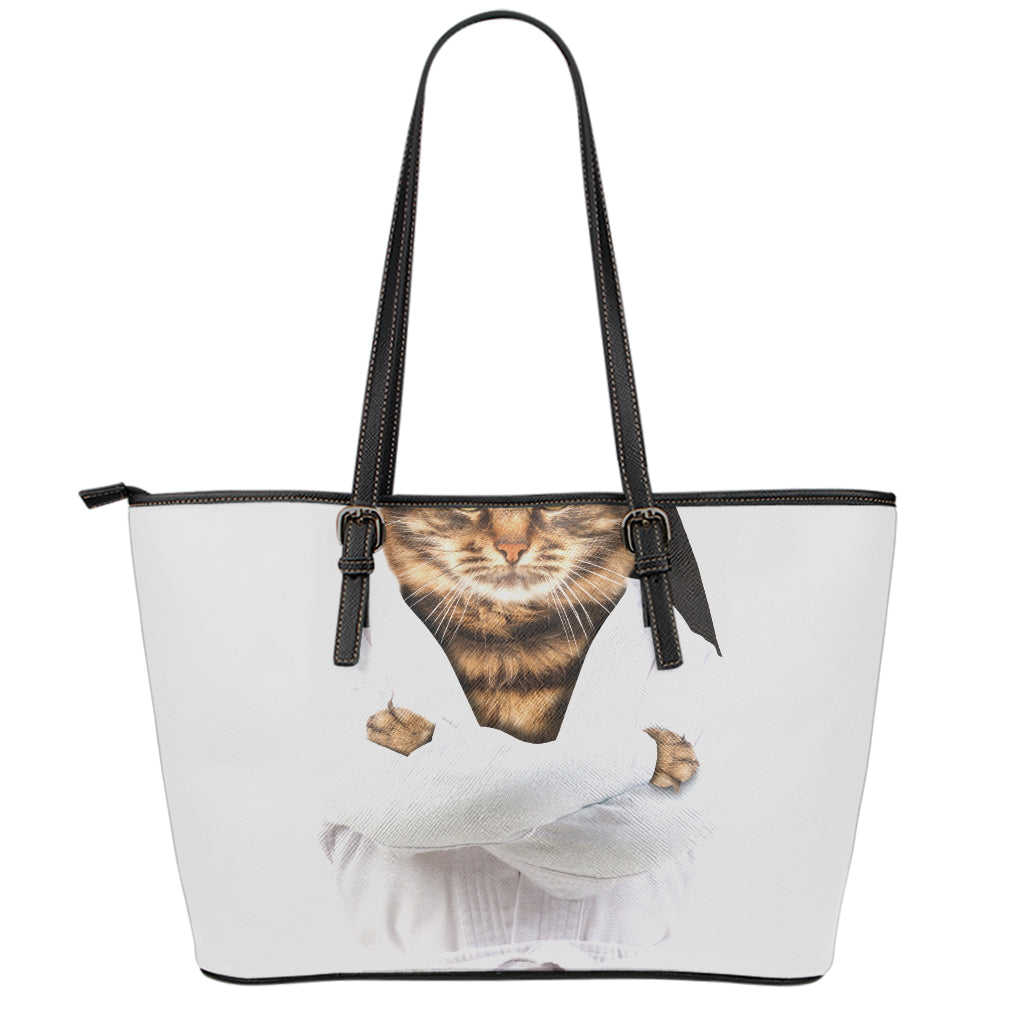 Karate Cat Print Leather Tote Bag