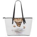 Karate Cat Print Leather Tote Bag With Zipper