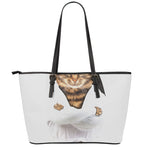 Karate Cat Print Leather Tote Bag