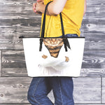 Karate Cat Print Leather Tote Bag