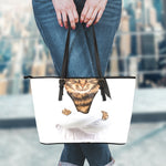 Karate Cat Print Leather Tote Bag