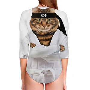 Karate Cat Print Long Sleeve Swimsuit