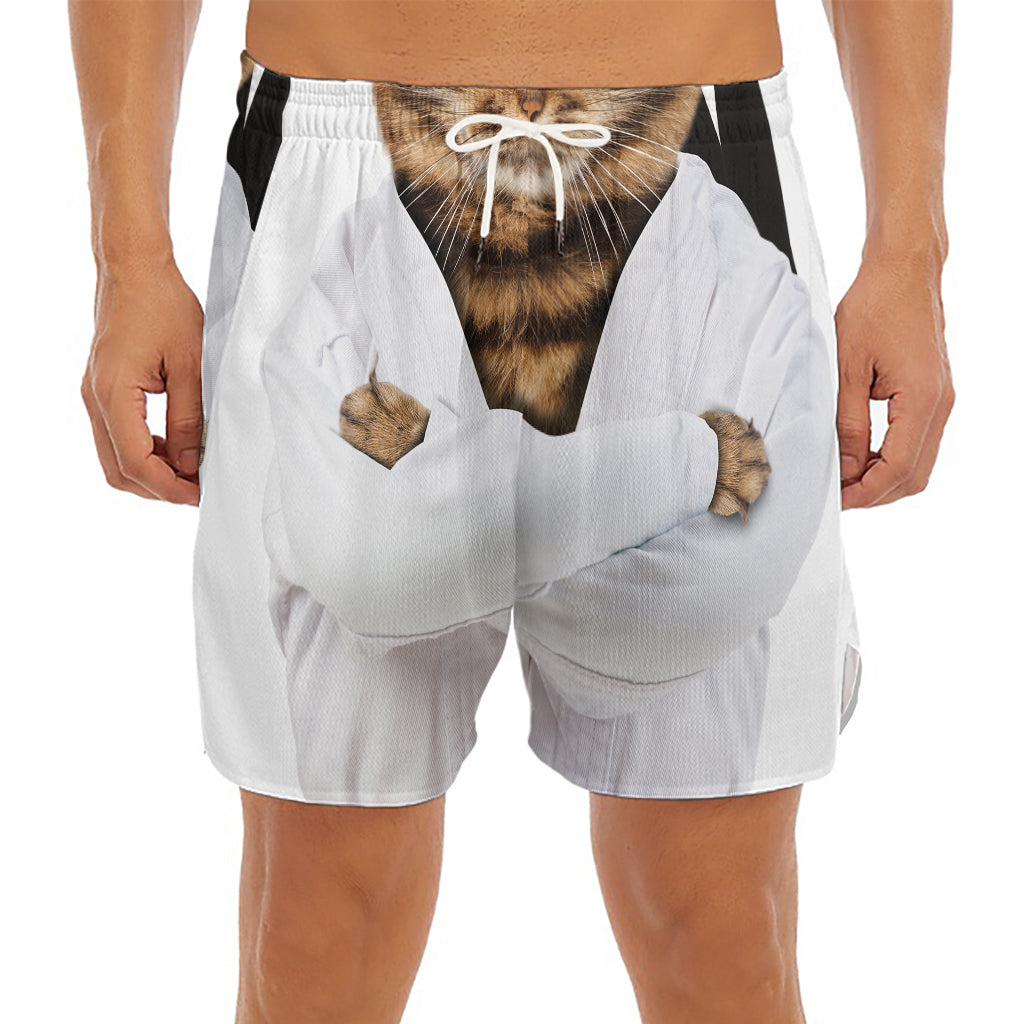 Karate Cat Print Men's Split Running Shorts