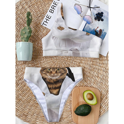 Karate Cat Print One Shoulder Bikini Top