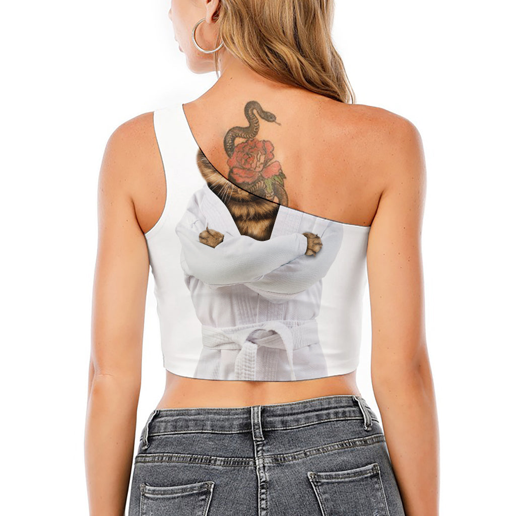 Karate Cat Print One Shoulder Crop Top
