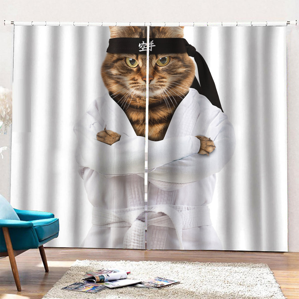 Karate Cat Print Pencil Pleat Curtains