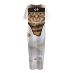 Karate Cat Print Short Sleeve Long Nightdress