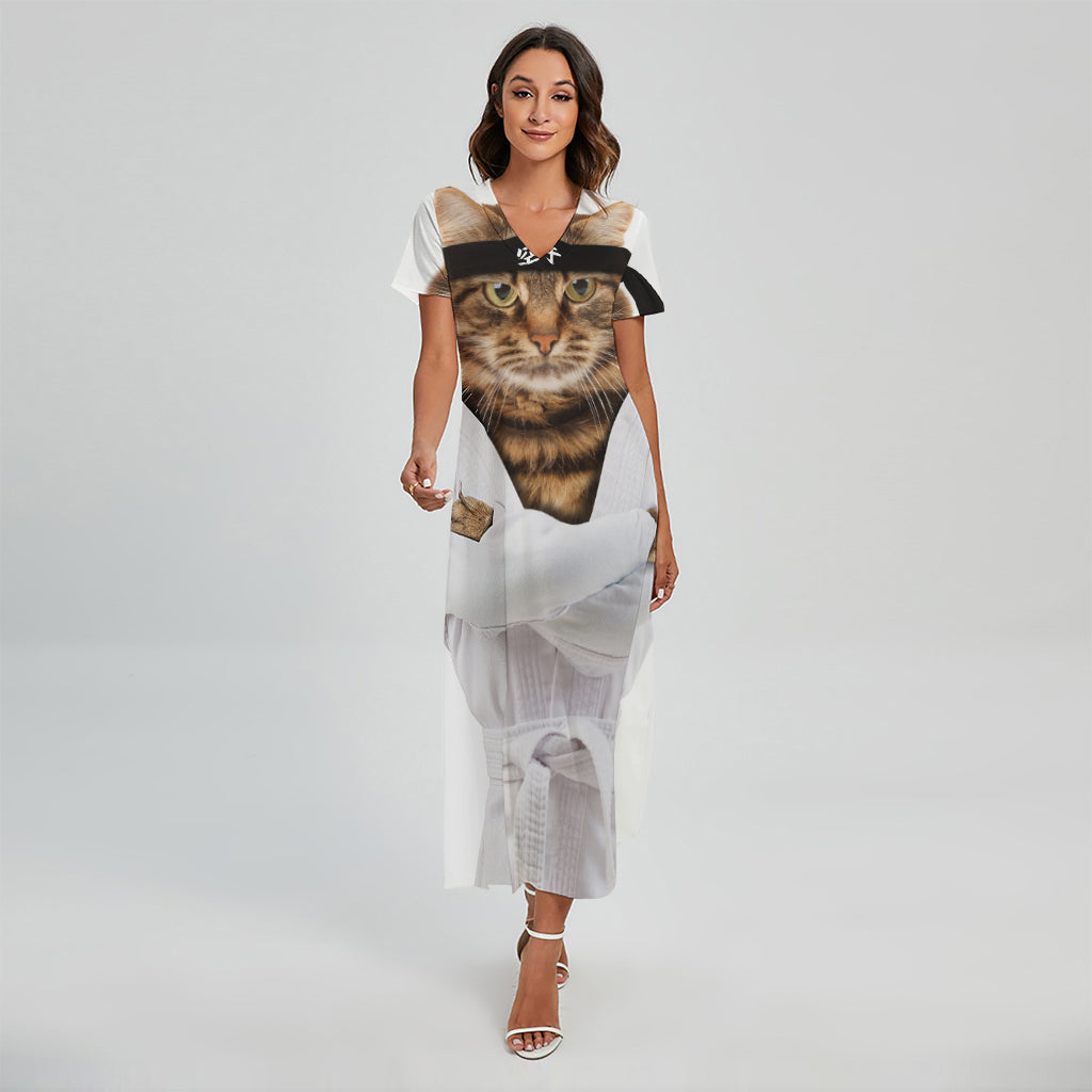 Karate Cat Print Short Sleeve Maxi Dress