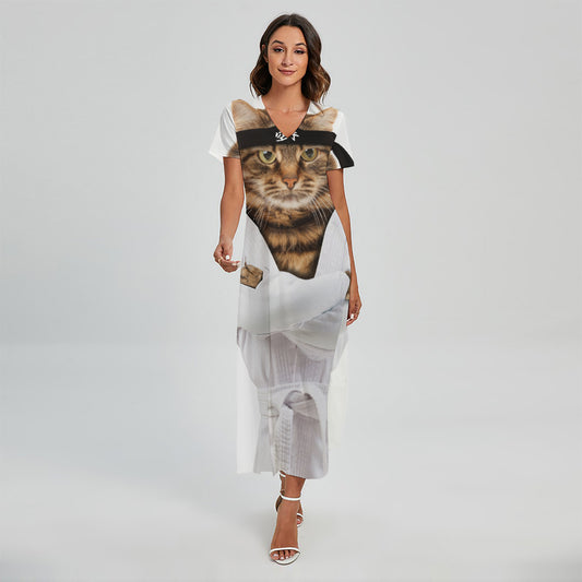 Karate Cat Print Short Sleeve Maxi Dress