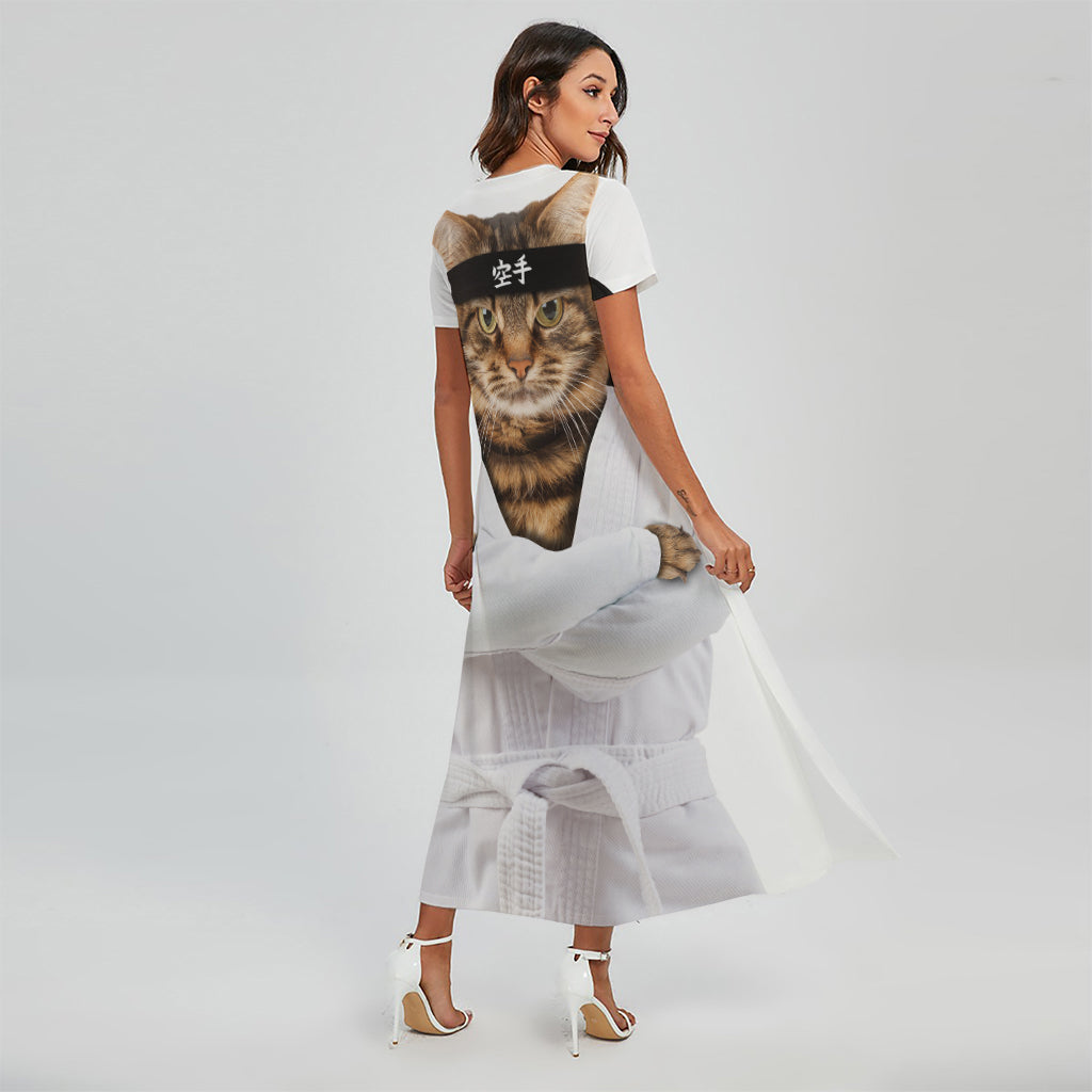 Karate Cat Print Short Sleeve Maxi Dress