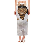 Karate Cat Print Side Slit Maxi Skirt