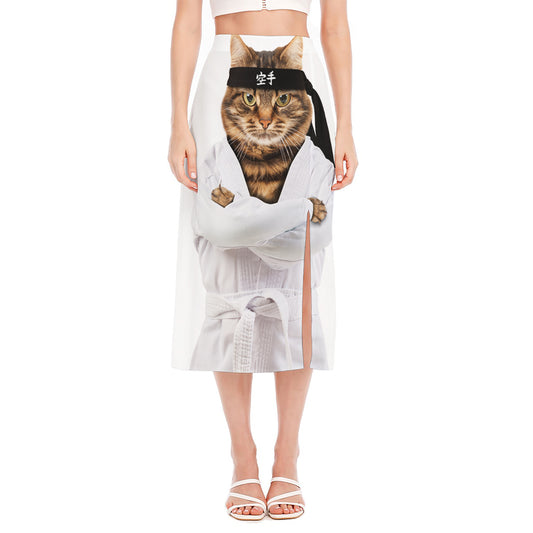 Karate Cat Print Side Slit Midi Skirt