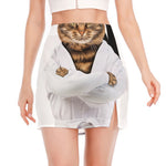 Karate Cat Print Side Slit Mini Skirt