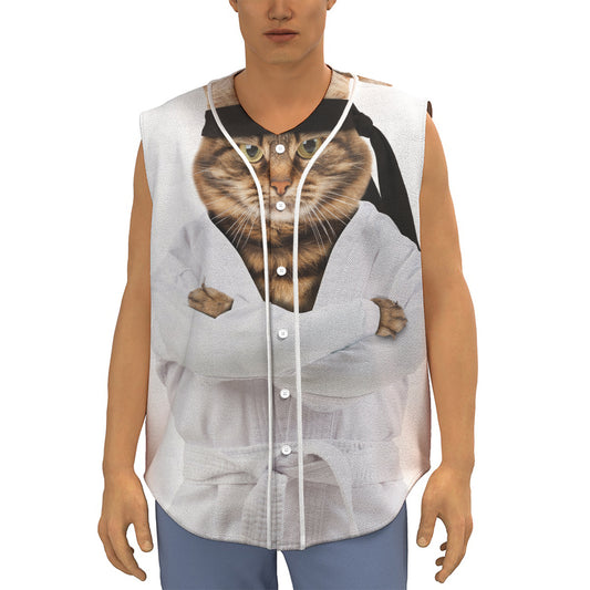 Karate Cat Print Sleeveless Baseball Jersey