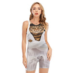 Karate Cat Print Sleeveless One Piece Swimsuit