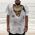 Karate Cat Print Textured Short Sleeve Shirt