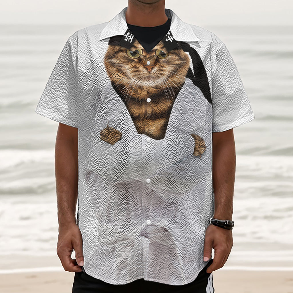 Karate Cat Print Textured Short Sleeve Shirt
