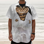 Karate Cat Print Textured Short Sleeve Shirt
