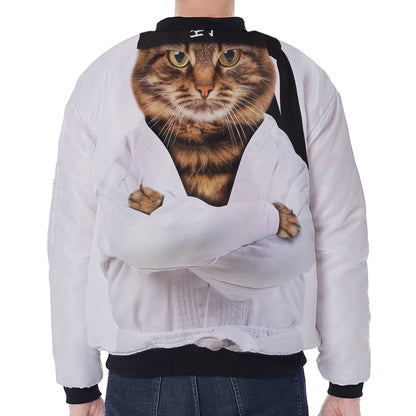 Karate Cat Print Zip Sleeve Bomber Jacket