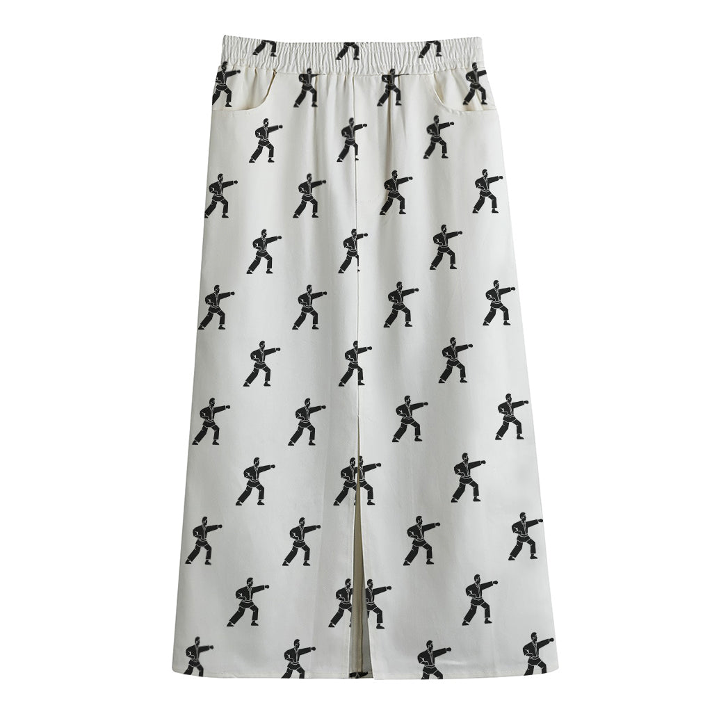 Karate Fighter Pattern Print Cotton Front Slit Maxi Skirt