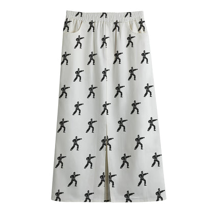 Karate Fighter Pattern Print Cotton Front Slit Maxi Skirt