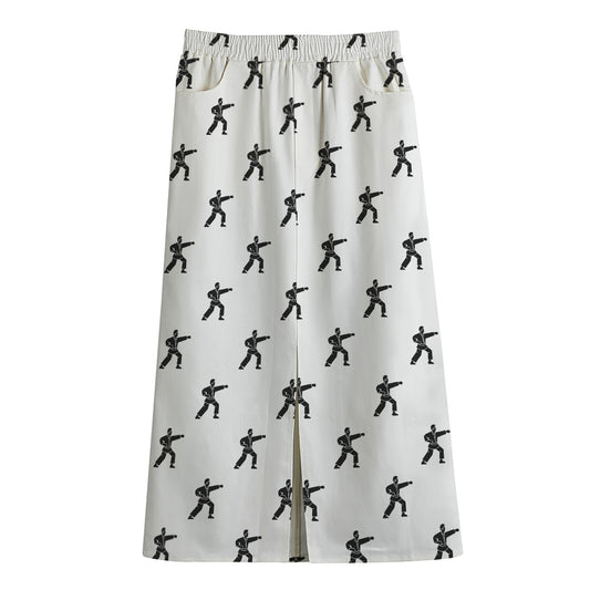 Karate Fighter Pattern Print Cotton Front Slit Maxi Skirt