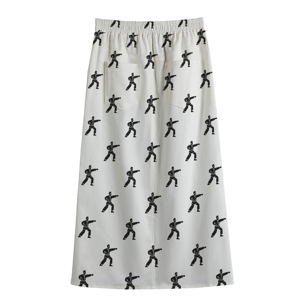 Karate Fighter Pattern Print Cotton Front Slit Maxi Skirt