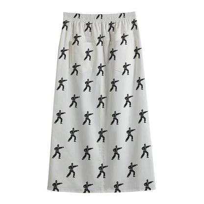 Karate Fighter Pattern Print Cotton Front Slit Maxi Skirt