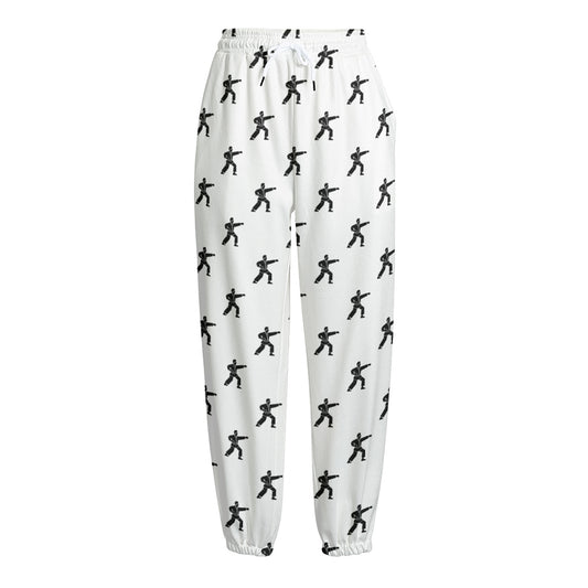 Karate Fighter Pattern Print Fleece Lined Knit Pants