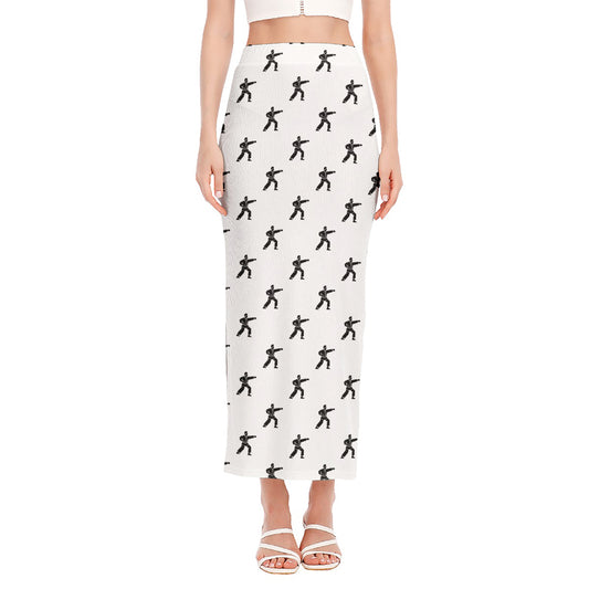 Karate Fighter Pattern Print Side Slit Maxi Skirt