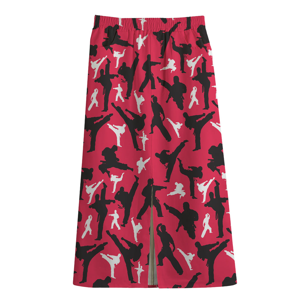 Karate Pattern Print Cotton Front Slit Maxi Skirt