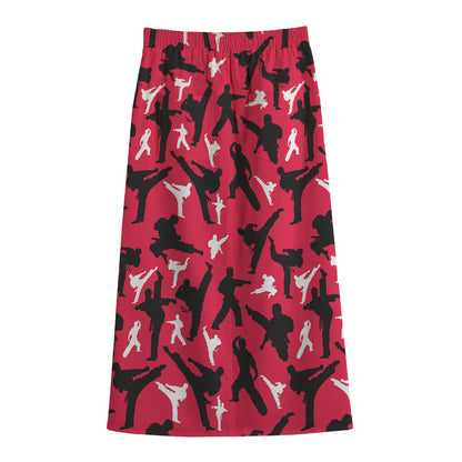 Karate Pattern Print Cotton Front Slit Maxi Skirt