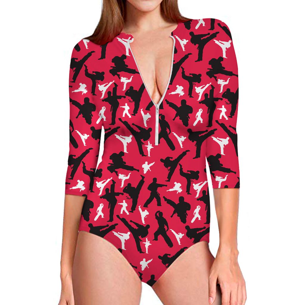 Karate Pattern Print Long Sleeve Swimsuit