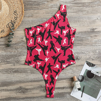 Karate Pattern Print One Shoulder Bodysuit