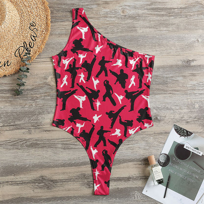 Karate Pattern Print One Shoulder Bodysuit