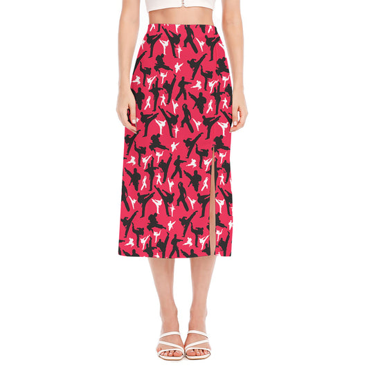Karate Pattern Print Side Slit Midi Skirt