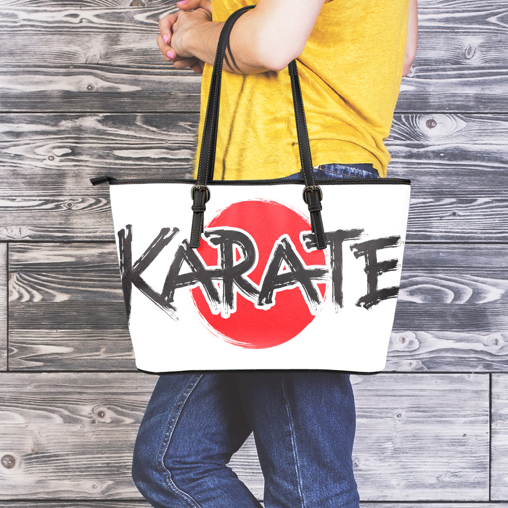 Karate Text Print Leather Tote Bag
