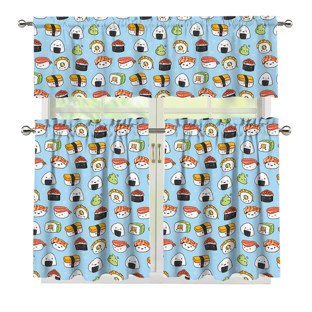 Kawaii Japanese Sushi Pattern Print 3 Piece Kitchen Curtains