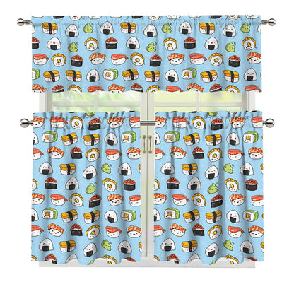 Kawaii Japanese Sushi Pattern Print 3 Piece Kitchen Curtains