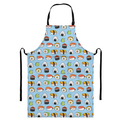Kawaii Japanese Sushi Pattern Print Bib Apron With Pocket