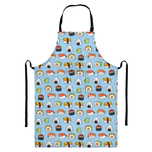 Kawaii Japanese Sushi Pattern Print Bib Apron With Pocket