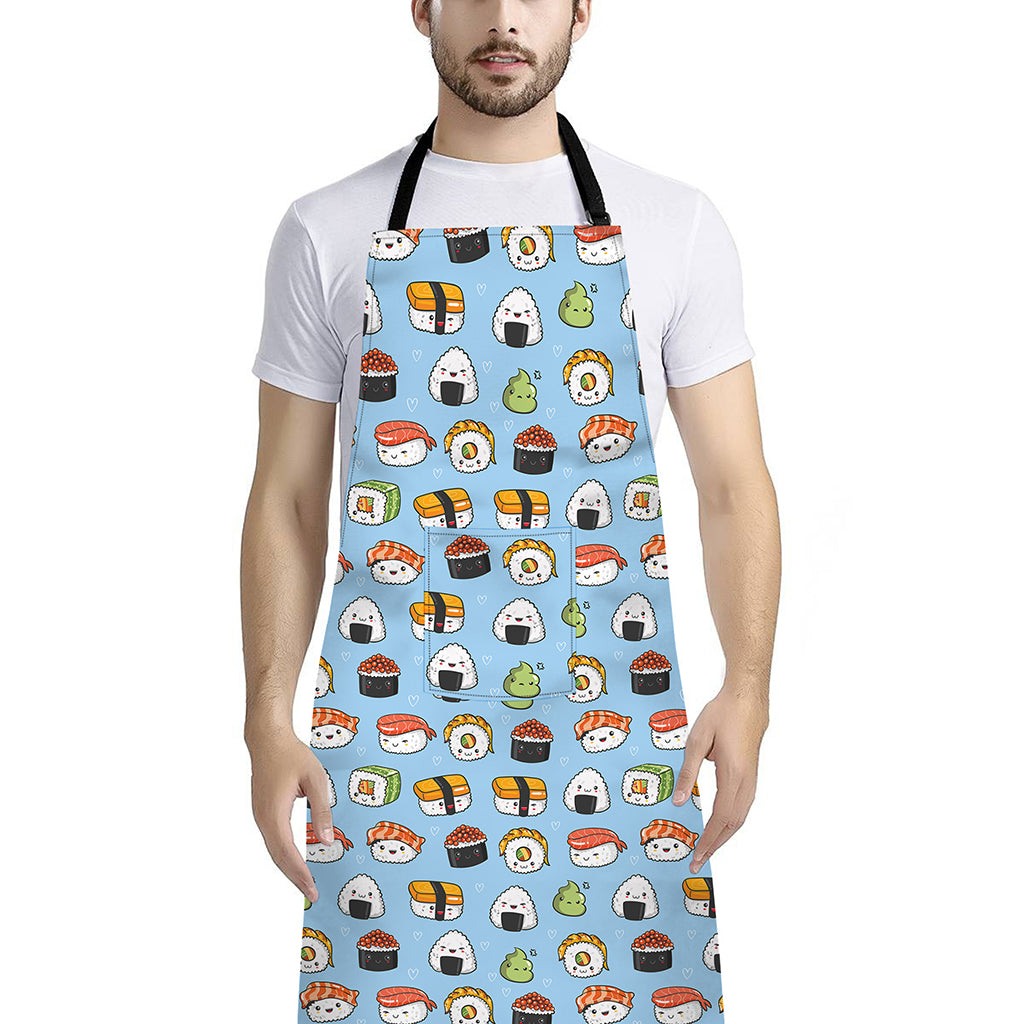 Kawaii Japanese Sushi Pattern Print Bib Apron With Pocket