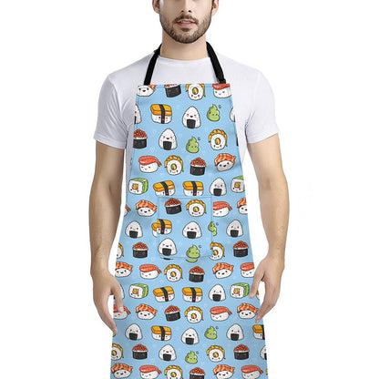 Kawaii Japanese Sushi Pattern Print Bib Apron With Pocket