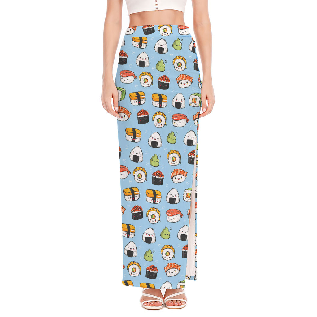Kawaii Japanese Sushi Pattern Print High Slit Maxi Skirt