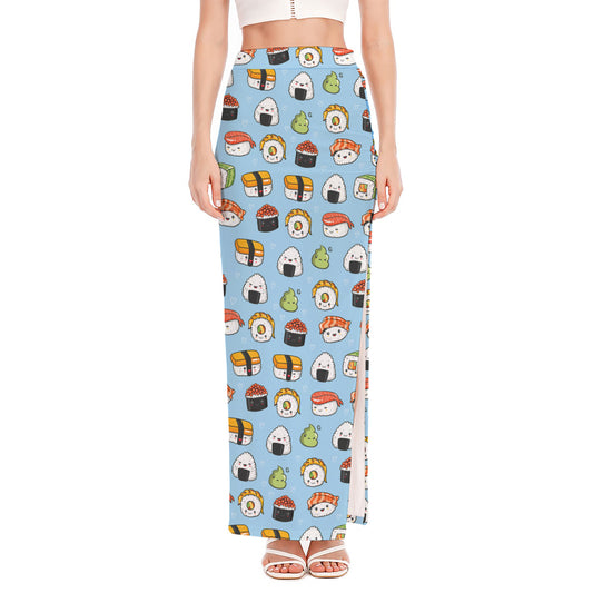 Kawaii Japanese Sushi Pattern Print High Slit Maxi Skirt